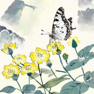 Zeichnung eines Schmetterlings, der auf einer Blüte sitzt